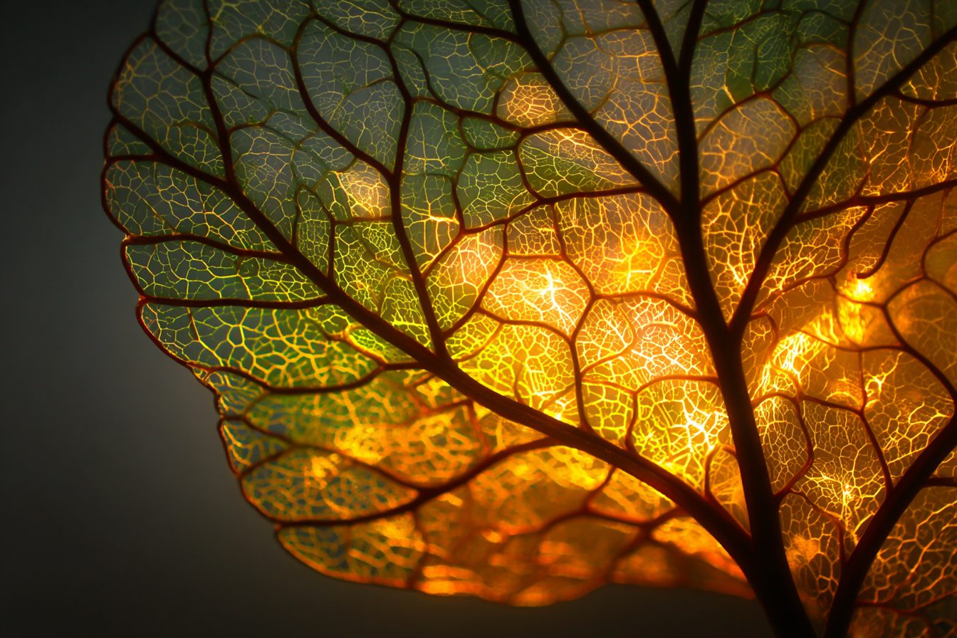 Macro photograph of light passing through a leaf — cellular fire