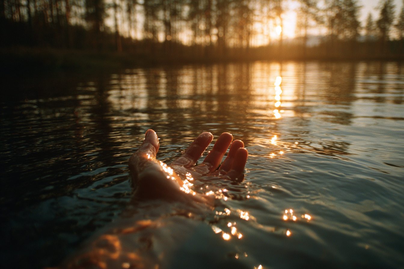 A hand resting in still Finnish lake water at golden hour