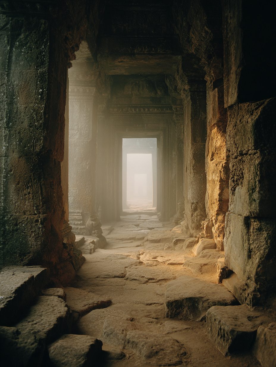 Ancient stone temple corridor disappearing into fog — the mythic void