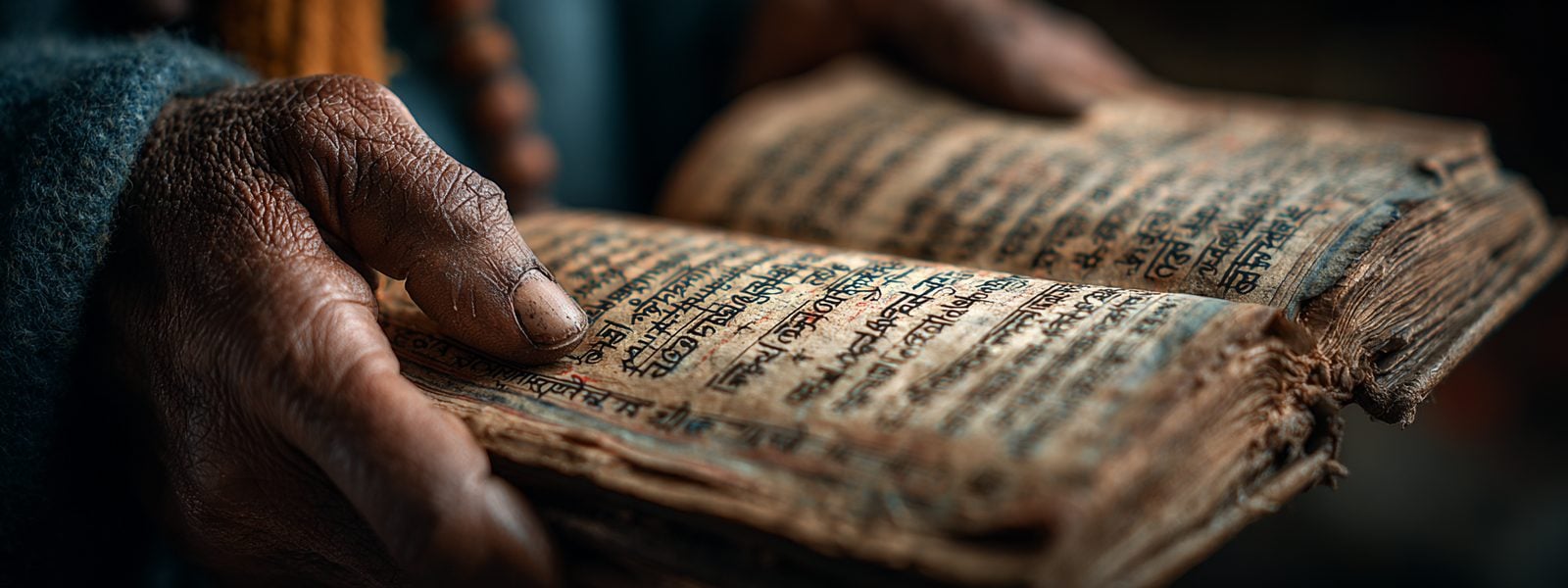 Weathered hands holding an open ancient book