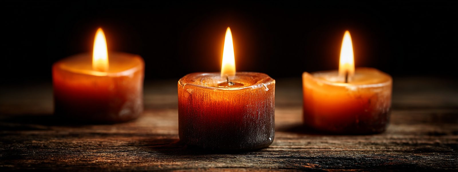 Three candle flames burning in darkness