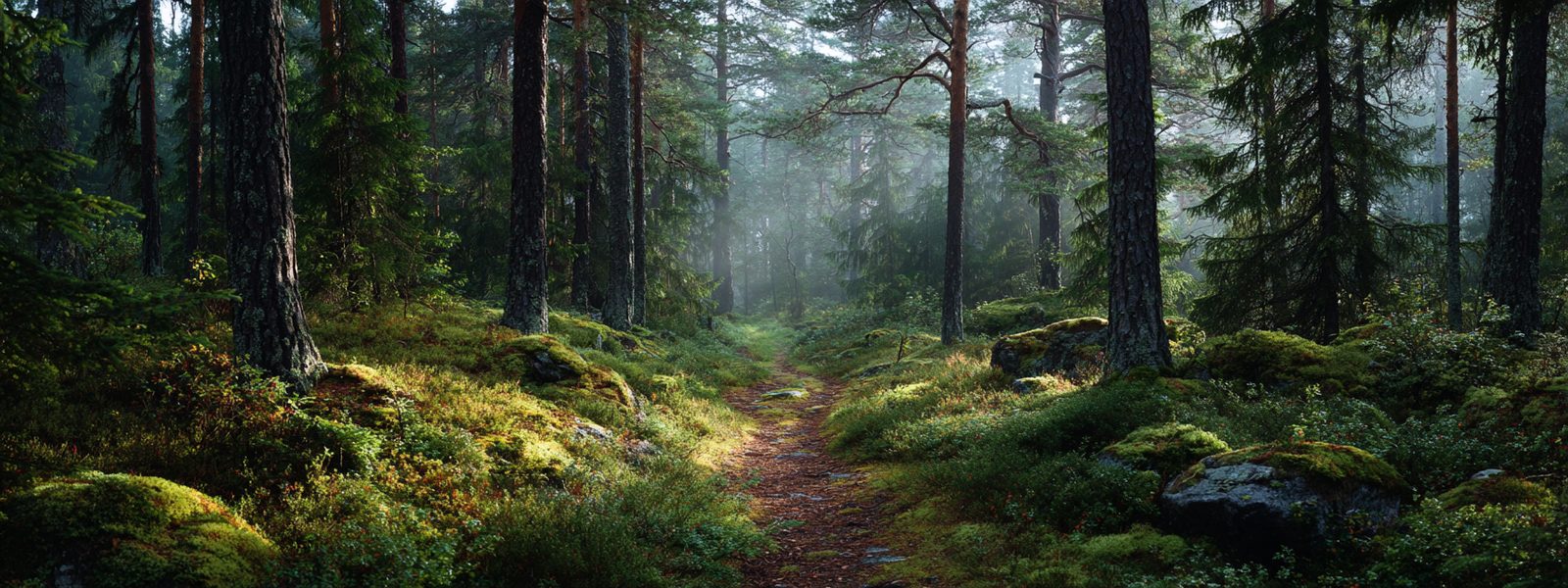 Forest path disappearing into morning fog between ancient pines